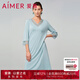 愛(ài)慕睡衣女士簡(jiǎn)韻中長(cháng)睡裙v領(lǐng)蕾絲純色睡衣家居服AM448771 天石青A50 165