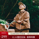 艾萊依春季外套女短款連帽撞色嵌條戶外工裝防水防污夾克上衣 酷颯棕160