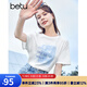 百圖betu女裝夏新款T恤海洋珠片繡印花短袖寬松純棉T恤女2304T20 白色 M