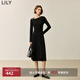 LILY冬新款女裝氣質(zhì)異形領(lǐng)修身垂感收腰顯瘦長(cháng)袖針織裙連衣裙 510黑色 L