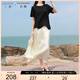 三彩大碼女裝2025夏季新款松緊高腰半身裙A字長裙浪漫細(xì)褶胖MM