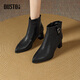 dusto大東時(shí)裝靴女鞋冬季新款時(shí)尚粗跟中跟側拉鏈尖頭冬靴 黑色 36