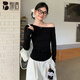 別語(yǔ)斜肩長(cháng)袖T恤女秋季新款露肩修身短款打底衫設計感上衣 黑色 M