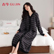古今（GUJIN）半邊絨睡衣女睡袍睡裙秋冬加絨加厚保暖長(cháng)款浴袍條紋大碼家居服