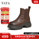 他她（TATA）加絨靴子女2025秋冬牛皮時(shí)裝靴厚底粗跟切爾西靴短靴7OL44DD5 棕色（寬版） 37