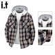 :CHOCOOLATEit美式連帽格子長(cháng)袖襯衫男士春秋季新款潮牌休閑外套 黑色 2XL