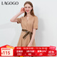 LAGOGO復古休閑系帶收腰連衣裙女拉谷谷夏季新款氣質(zhì)泡泡袖中長(cháng)裙 淺咖啡(U2) XL