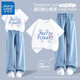 真維斯女童夏裝套裝2025新款女孩夏季短袖中大童衣服兒童夏裝天絲牛仔褲 【兩件套】白色(藍粉花)淺藍 160