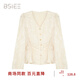 BSIEE暗紋提花小衫2025冬季慵懶復古V領(lǐng)設計感上衣女 杏色 S