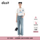 DZZIT地素背帶牛仔褲夏季貼布繡工藝直筒褲子女 藍(lán)色 S