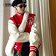 逐夢(mèng)顏（ZHUMENGYAN）棒球服男春秋高街潮牌美式拼接撞色釘珠皮袖夾克寬松百搭休閑外套 紅色【前刺繡后釘珠雙升級款】 M