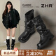 ZHR長(cháng)筒靴女美拉德堆堆褲管女靴皮帶扣西部旅游騎士靴子JF321黑色37