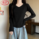 浪莎（LangSha）秋冬新款短款T恤女純欲V領(lǐng)圓弧下擺修身顯白辣妹上衣遮肉 黑色 XL