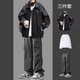 馳桓美式撞色夾克男春秋套裝痞帥潮牌沖鋒衣外套穿搭牛仔褲三件套衣服 【三件套】黑外套+長(cháng)袖+工裝灰褲 XL