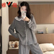 雅鹿長(cháng)袖睡衣女2025新款春秋季棉質(zhì)蕾絲邊薄款可愛(ài)娃娃領(lǐng)家居服可外穿 純色灰色花邊-長(cháng)袖長(cháng)褲 M建議80-95斤 均碼