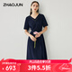 兆君2025春夏桑蠶絲新款短袖連衣裙女系帶收腰純色真絲雙縐裙子 藏青 L