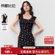 尚都比拉前方領(lǐng)后V領(lǐng)拼接荷葉邊系帶碎花連衣裙女夏季通勤收腰顯瘦中長(cháng)裙
