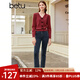 百圖betu女裝秋新款毛衣少女感絲絨蝴蝶結V領提花長袖毛衣2309T93 紅色 S