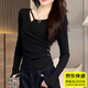韞舜韓系辣妹風(fēng)不規則長(cháng)袖t恤女春秋季內搭高級感修身短款打底衫上衣 韓系辣妹風(fēng)不規則打底衫【黑色】L L [100-120斤]