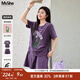 MsShe【重工珠片刺繡套裝】大碼女裝2025夏裝胖mm抽褶短袖T恤短褲 帝王紫色現貨 2XL