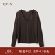 OVV【可機洗黃金羊毛】秋冬熱賣女裝簡約深V領(lǐng)長袖針織衫 深咖（凈色）A6 M