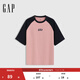 GAP男女裝2025春季新款純棉印花logo撞色插肩袖短袖T恤上衣725618 粉色 XS (165/84A)亞洲尺碼