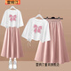雷姆汀女童2023夏裝韓版休閑寬松T恤+半身裙套裝中大童小學(xué)初中生兩件套 C601白色+F粉色裙套裝 145 S碼建議50-70斤