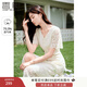香影（xiangying）v領(lǐng)蕾絲連衣裙女2025夏季新款重工米白色高級感法式鏤空裙子 米色 M