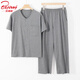北極絨夏季薄款圓領(lǐng)開(kāi)衫短袖長(cháng)褲套裝中老年純棉家居服睡衣男士半袖T恤 淺麻灰（短袖+長(cháng)褲） 2XL （建議120-140斤）