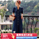 Olrain歐芮兒法式牛仔連衣裙夏季女裝收腰復古港風開叉裙子衣服 牛仔藍 L
