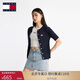 TOMMY JEANS25春夏新款女裝純棉優(yōu)雅通勤刺繡圓領(lǐng)麻花短袖針織開(kāi)衫外套