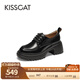 接吻貓KISSCAT【奧利奧】厚底增高樂(lè )福鞋新款真皮系帶小皮鞋學(xué)院風(fēng)單鞋 黑色 35