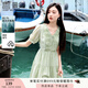 香影v領(lǐng)連衣裙女2025夏季新款風(fēng)琴褶泡泡袖薄荷曼波穿搭綠色裙子 果綠 L