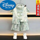 迪士尼（Disney）夏季薄款中式漢服男童短袖套裝夏季兒童唐裝中大童復古中式兩件套 冰絲綠色男款 130 建議身高110-120厘米