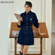 Olrain歐芮兒翻領(lǐng)牛仔連衣裙女裝秋季收腰復古小個(gè)子裙子 普魯士藍 M