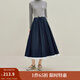 茵曼（INMAN）2025秋冬女裝新款 休閑撞色花邊百褶半身裙通勤高腰寬松a字裙 深藍(lán) XL