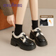 依思 Q（exull）加絨樂(lè )福鞋女厚底2025爆款冬季加厚保暖防滑小皮鞋女一腳蹬單鞋女 黑色 -加厚毛圈5.5cm 35