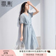 香影v領(lǐng)泡泡袖連衣裙女2025夏裝新款仙女裙收腰絕美漂亮藍(lán)色裙子 藍(lán)色 M 160/84A/95-110斤