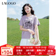 LAGOGO卡通涂鴉繡花T恤女拉谷谷2025年夏季新款可愛(ài)減齡短袖上衣 紫色 L