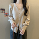 西兒女春秋2025新款v領(lǐng)長(cháng)袖針織衫毛衣內搭打底衫不規則修身正肩上衣 杏色 均碼