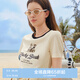 樂(lè )町甜辣廢土風(fēng)簡(jiǎn)約圖案撞色T恤女夏季新款萌寵印花修身短袖 米白（現貨） M