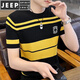 JEEP SPIRIT冰絲針織短袖T恤男夏季薄款冰感透氣潮流提花條紋青年男裝上衣服 390黑黃 XL