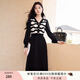 香影v領(lǐng)收腰連衣裙女2025秋冬新款針織拼接條紋簡(jiǎn)單大方長(cháng)袖裙子 黑色 M