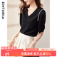尚都比拉御姐范氣質(zhì)t恤短袖夏季女裝新款v領(lǐng)泡泡袖小眾設計感針織衫 黑色 XL