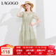 LAGOGO【萊賽爾】荷葉邊系帶連衣裙女拉谷谷夏新款收腰泡泡袖裙子 淺綠色(L8) S