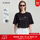 AMII女裝2025夏季圓領(lǐng)立體珠片花朵字母印繡花空氣層T恤女寬 黑色 XL