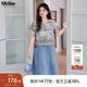 MsShe【復古國風(fēng)印花連衣裙】大碼女裝2025夏胖mm拼接蕾絲牛仔裙 牛仔淺藍色現貨 2XL
