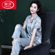 浪莎（LangSha）輕奢睡衣夏季真絲綢涼感短袖長(cháng)褲薄款夏天女甜美夏款家居服套裝 SC-短長(cháng)藍底晚櫻 XL (120-135斤)