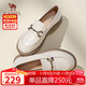 駱駝（CAMEL）樂(lè )福鞋女簡(jiǎn)約時(shí)髦牛皮金屬花扣粗跟套腳單鞋 L24S504624 米色 38 
