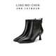LING MEI CHEN羊皮黑色短靴秋冬新款真皮女靴百搭軟底真皮高跟靴子尖頭皮靴 黑色6.5CM 37